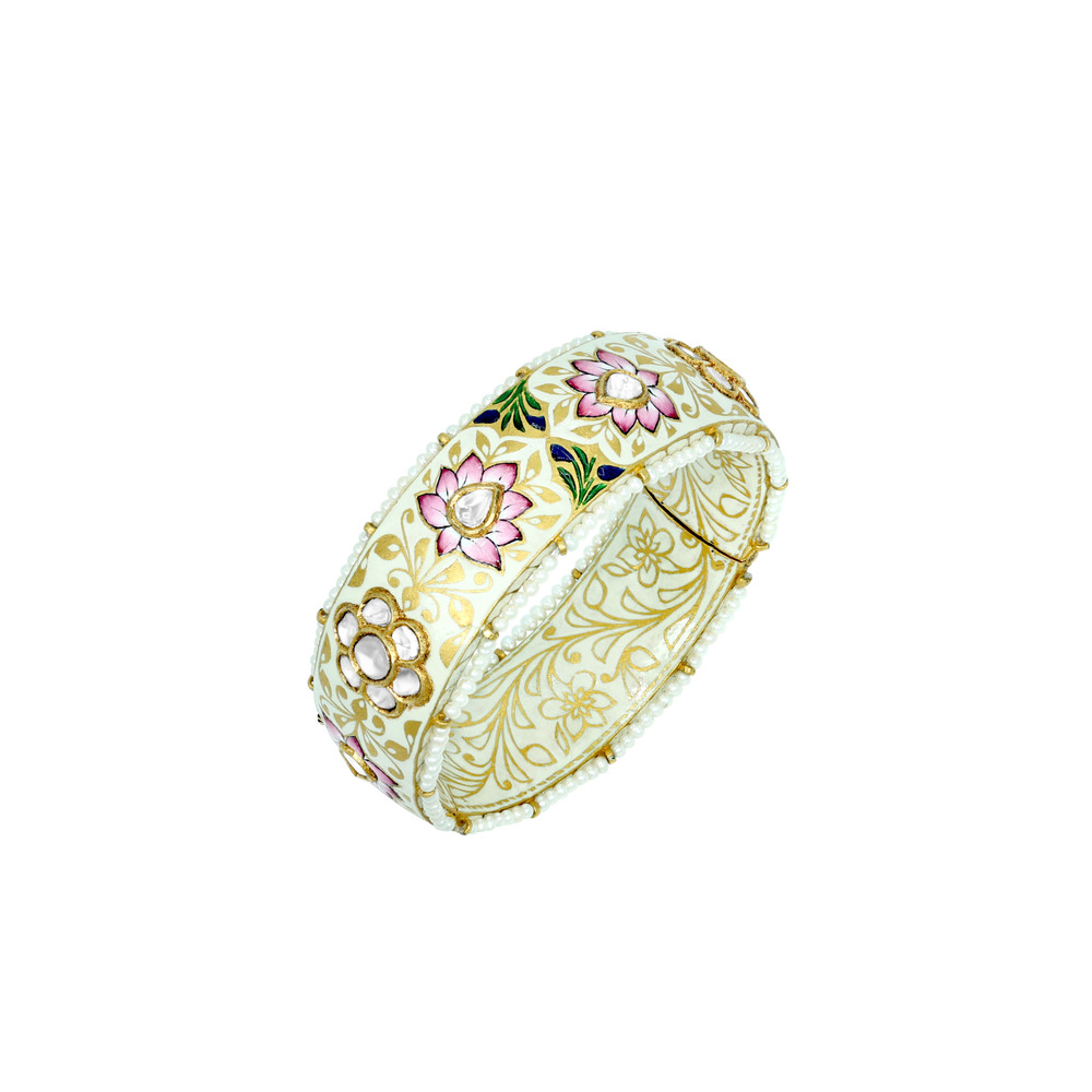 Pink Lotus Enamel Bangle with Polki and Pearl Edges